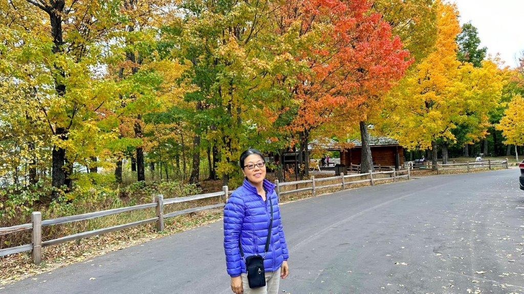 A person standing on a road with colorful trees

Description automatically generated