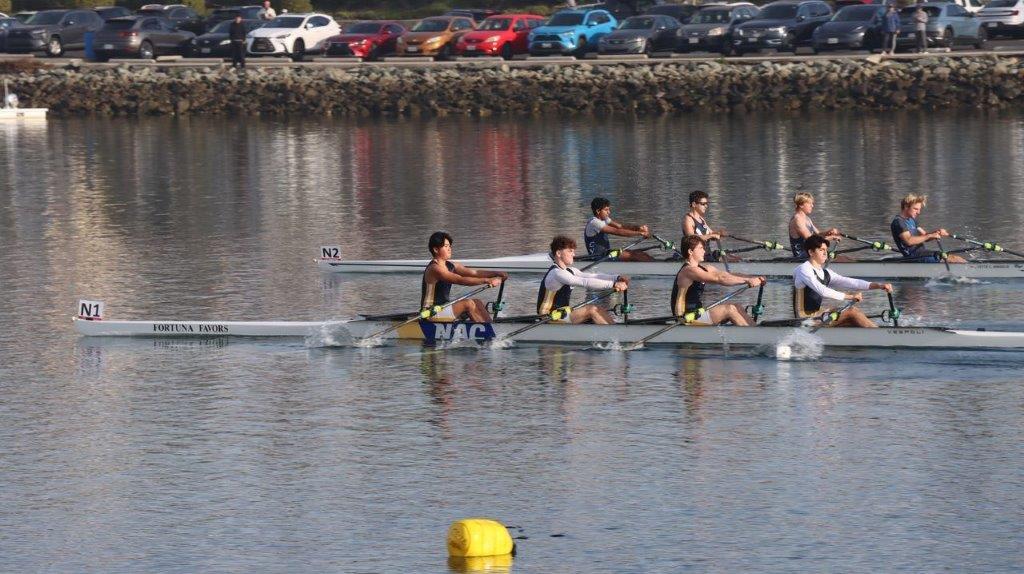 A group of people rowing on a lake

Description automatically generated