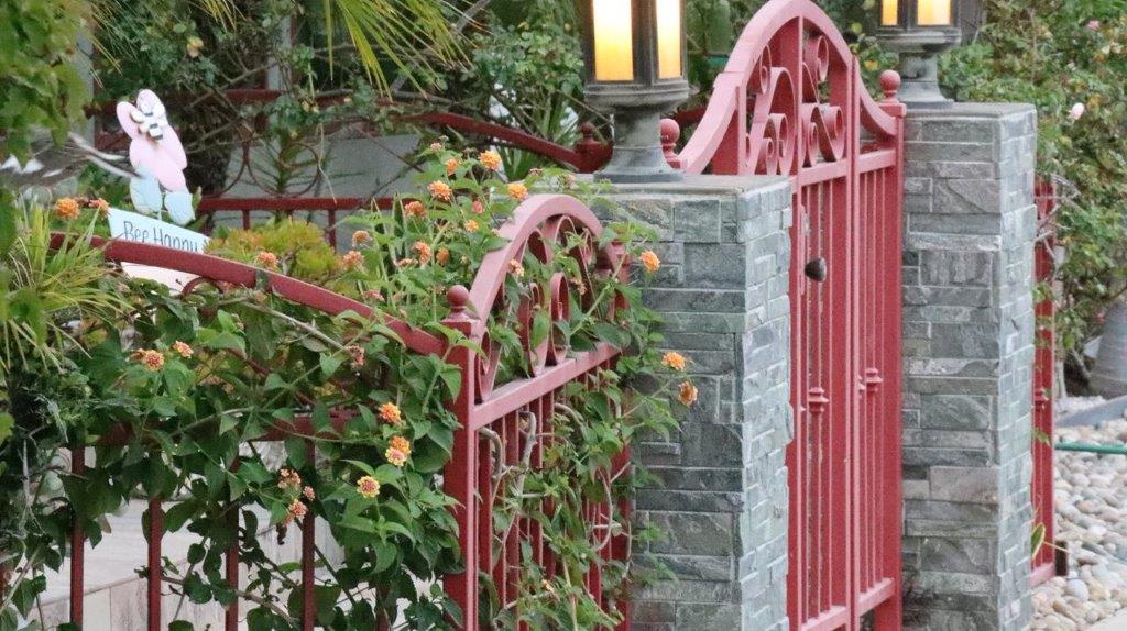 A red gate with plants growing on it

Description automatically generated
