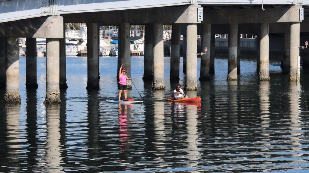 A group of people on paddle boards under a bridge

Description automatically generated